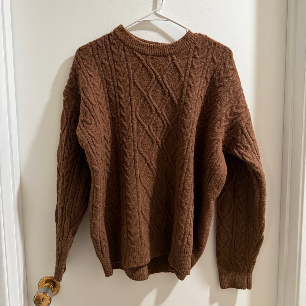 Aelfric Eden Rich Brown Cable Knit Crewneck Sweater